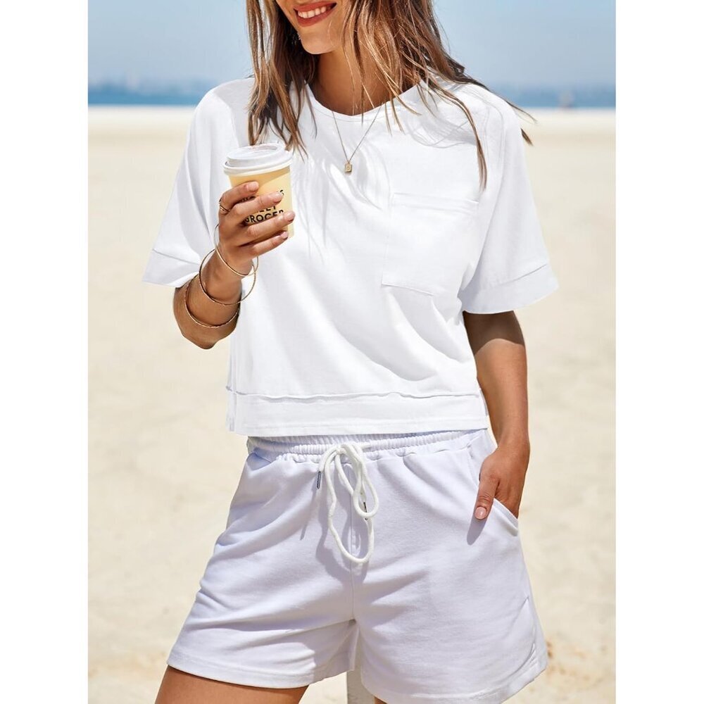 Women's Oversized Crop Top Casual Workout Short Sleeve Tee with Pockets - Picture 2 of 6